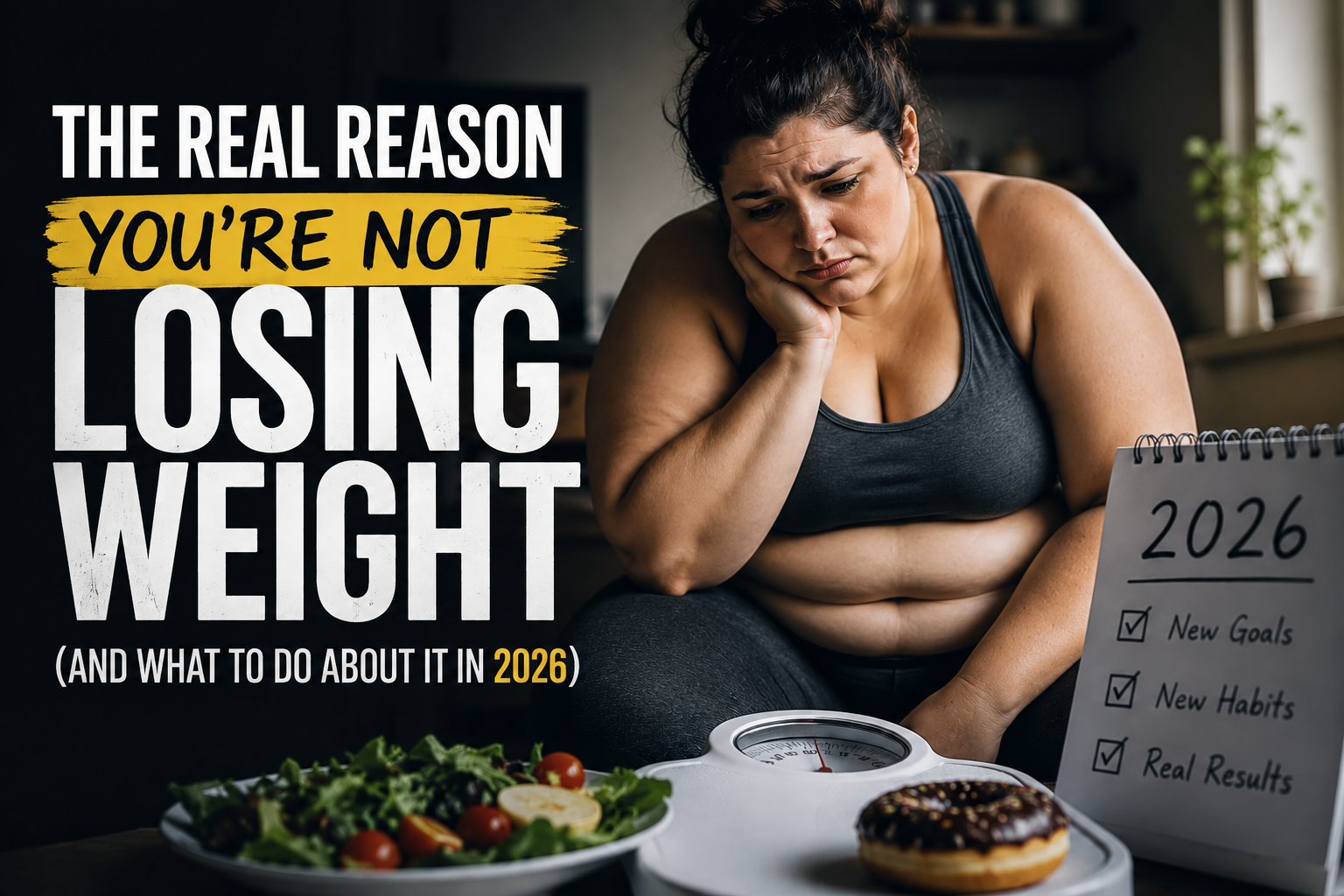 “Woman frustrated with weight loss progress beside weighing scale and healthy food – weight loss tips for 2026”