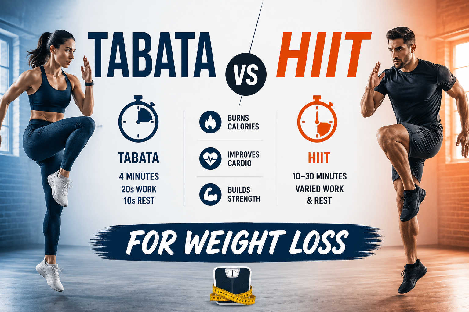 tabata vs hiit workout comparison — trainer demonstrating interval training exercises for weight loss 2026