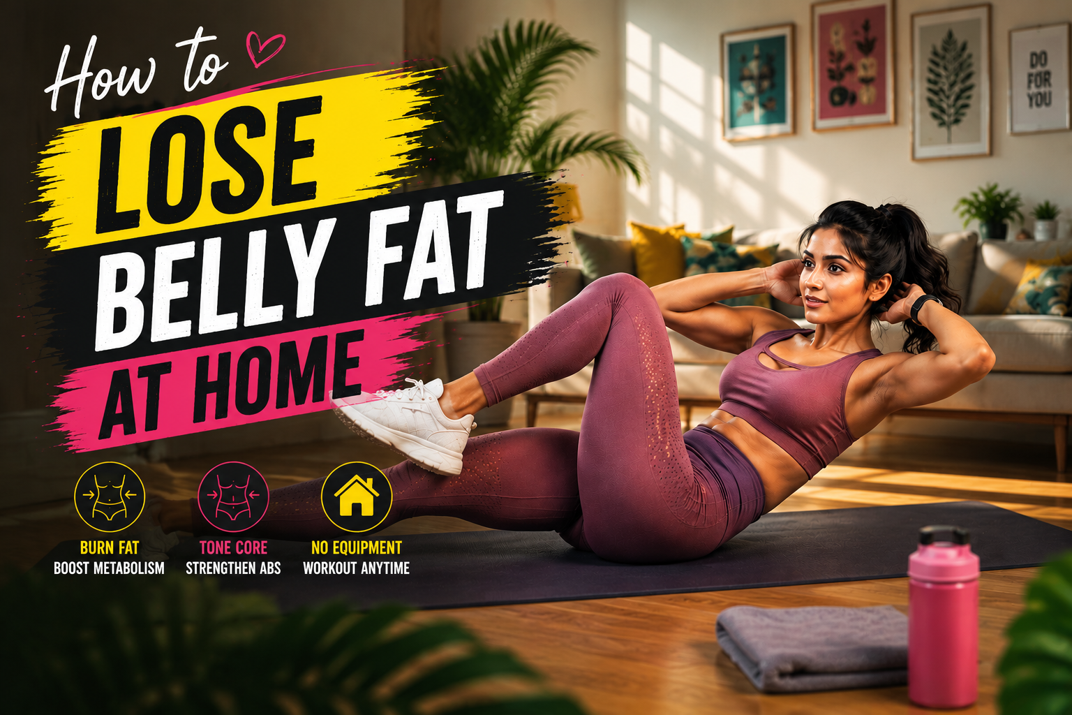 how to lose belly fat at home — woman doing core exercises and eating healthy food for visceral fat loss