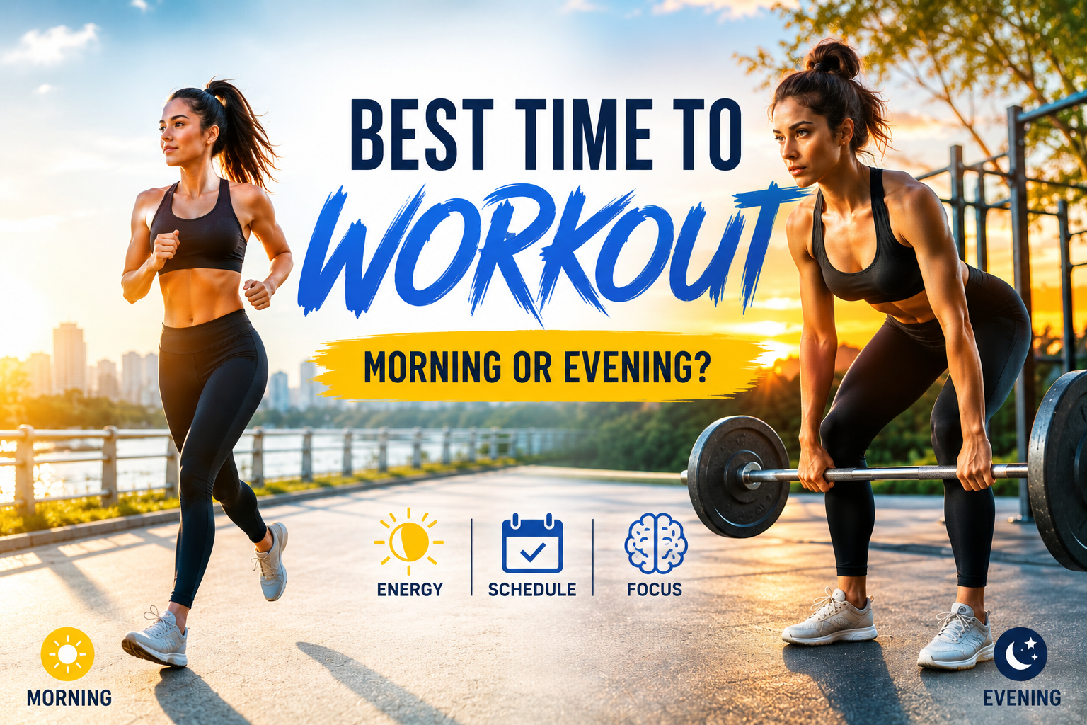 best time to workout morning or evening — split image of person exercising at sunrise and sunset