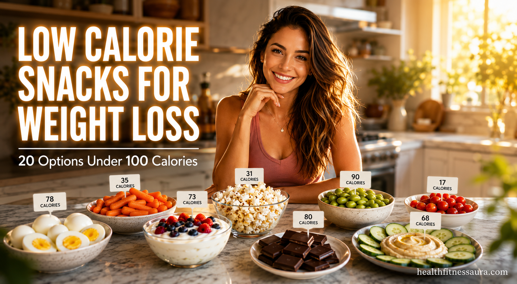 : low calorie snacks for weight loss — colourful assortment of healthy snacks under 100 calories including fruits vegetables nuts and yogurt