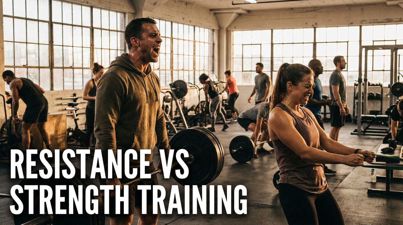 resistance training vs strength training — person lifting weights and using resistance bands side by side comparison